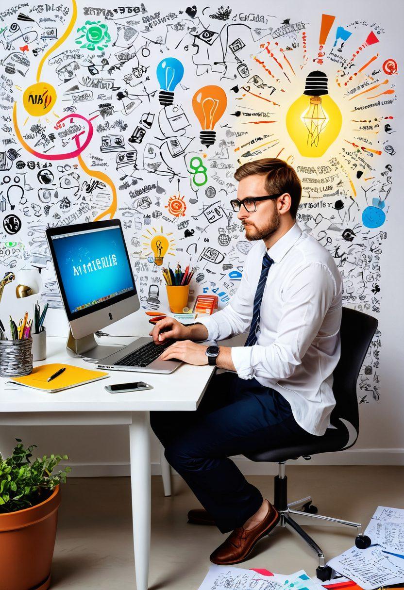 A vibrant scene depicting a creative individual transitioning from brainstorming ideas at a desk with scattered notes to confidently typing on a laptop, showcasing the blogging journey. Incorporate elements like lightbulbs representing ideas, dollar signs symbolizing income, and a winding path leading from chaos to clarity. Use bright, engaging colors to inspire creativity and ambition. super-realistic. vibrant colors. white background.