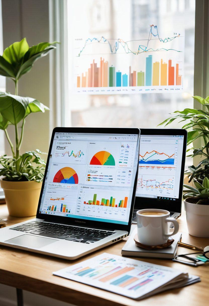 A vibrant desk scene featuring a laptop open to a blog interface, surrounded by colorful stationery, a steaming coffee cup, and engaging visuals of charts and growth metrics. In the background, soft rays of sunlight illuminate motivational quotes on the walls, and a cozy, inviting atmosphere is created with plants. super-realistic. vibrant colors. white background.
