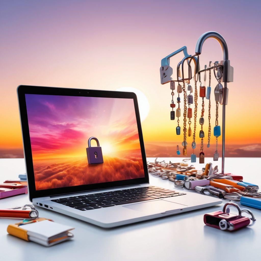 A vibrant, open lock symbolizing opportunity, surrounded by various blogging tools like a laptop, a notepad, and a camera, set against a backdrop of a rising sun in a digital landscape. The foreground features diverse aspiring creators brainstorming together, showcasing collaboration and creativity. super-realistic. vibrant colors. white background.